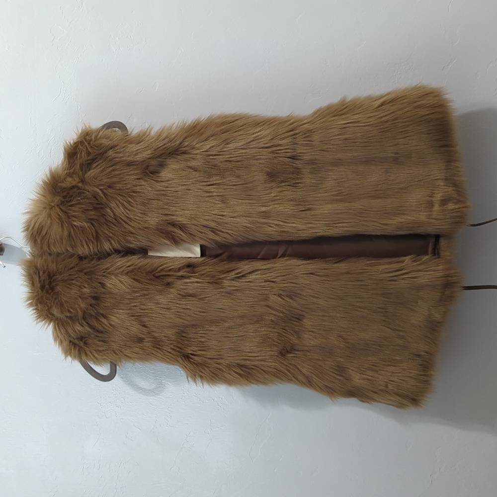 SABINE Faux Fur Boho Mobwife Streetwear Hooded Brown Winter Vest Size Medium